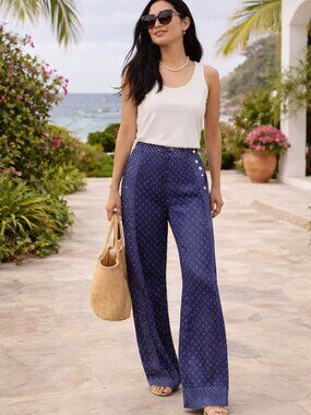 Polo Ralph Lauren Silk Palazzo Pants Geo Polka Dot Blue